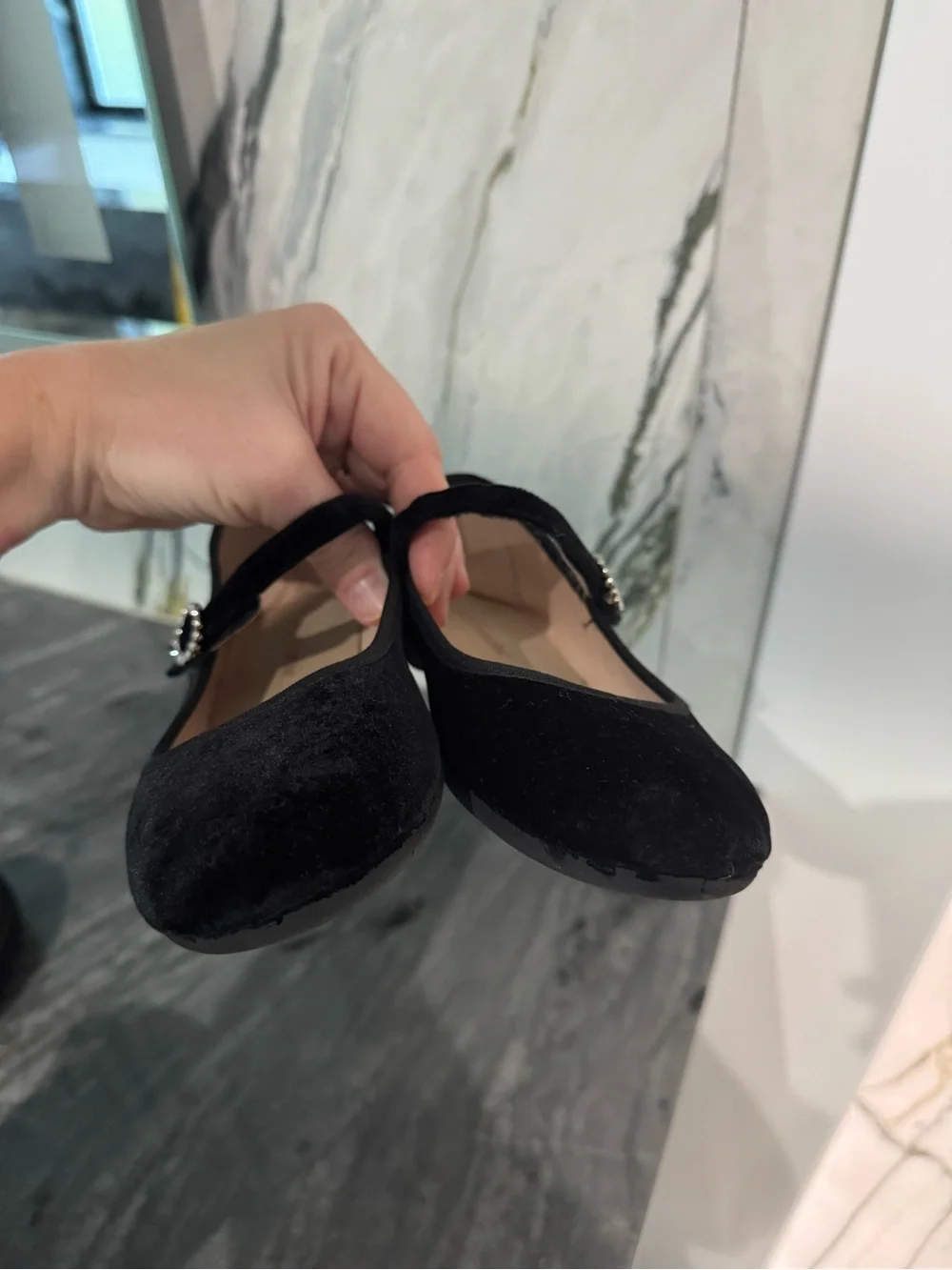 Girls Black Velvet Mary Jane Shoes with Rhinestone Buckle